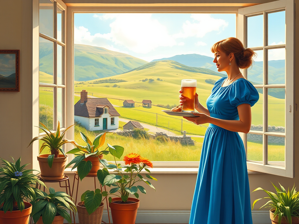 In "A Glass of Beer on the Highland," a serene scene is depicted in a sunlit room where a woman in a vibrant blue dress stands by a large window. She holds a tray with a hearty meal and a frothy glass of beer, embodying a moment of relaxation. Outside, the breathtaking highland landscape features rolling green hills and a charming traditional house, all bathed in warm afternoon light. The interior is adorned with potted plants, creating a harmonious blend of comfort and nature. The painting beautifully captures the tranquility and joy found in simple pleasures amidst stunning scenery