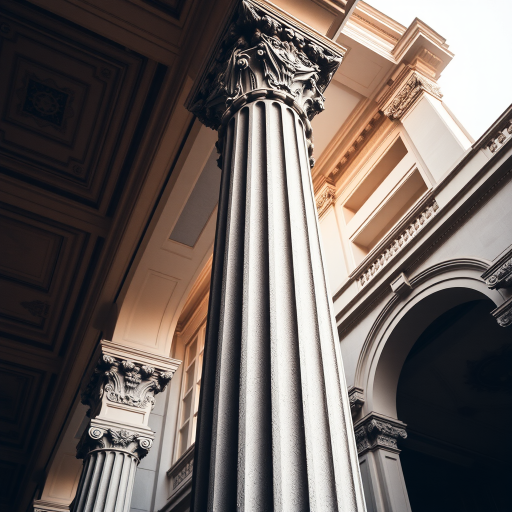 Classic architectural column with intricate details, low angle view, soft lighting, 50mm lens, f/2.8 aperture, shutter speed 1/125s, DSLR camera, high resolution.
