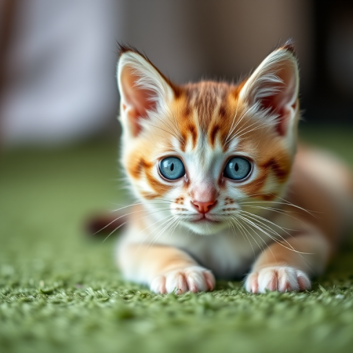 cute kitten with striking blue eyes lying on a green carpet, taken with a DSLR camera at f/2.8 aperture, ISO 200, 50mm lens, soft focus background, natural lighting, shallow depth of field
