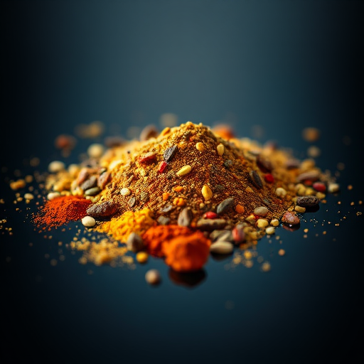 Close-up of a circular mound of colorful spices on a reflective black surface, shallow depth of field, ISO 200, f/2.8, 1/60s shutter speed, macro lens, DSLR camera, soft studio lighting.