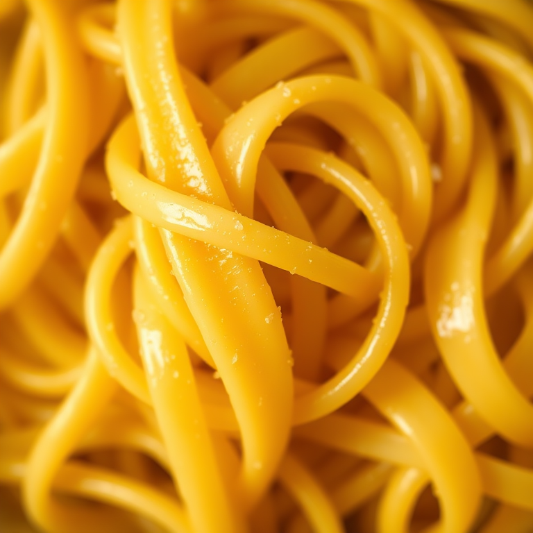 macro shot of smooth, golden fettuccine pasta, shallow depth of field, ISO 100, f/2.8, 50mm lens, natural lighting, high contrast, top-down view
