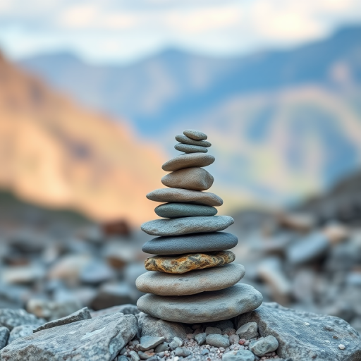 stack of flat stones arranged in a balanced tower on rocky terrain with blurred mountain background, shot with a Canon EOS R5 at f/2.8, 1/250s, ISO 100, 50mm lens, shallow depth of field, natural lighting