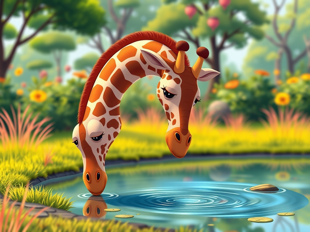 create a colorful digital illustration of a cartoon giraffe bending down to drink from a pond, with vibrant grass and trees in the background, using a Canon EOS 5D Mark IV with a 50mm lens, aperture f/1.8 for a shallow depth of field, and a bright daylight setting to enhance colors and details.