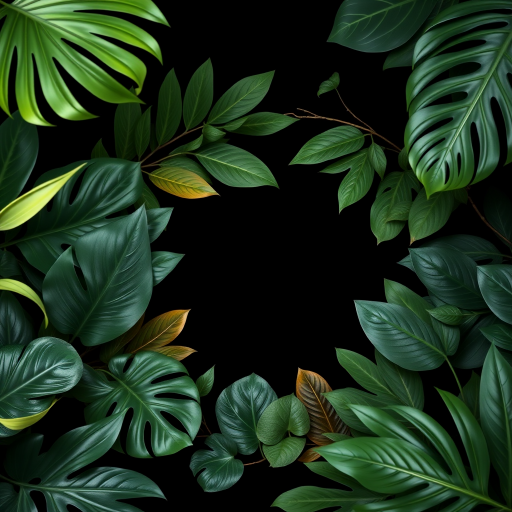 Create a high-quality image of a circular frame filled with various tropical leaves against a black background, using a DSLR camera with a 50mm lens, aperture f/2.8, ISO 100, and soft natural lighting to enhance details and colors.