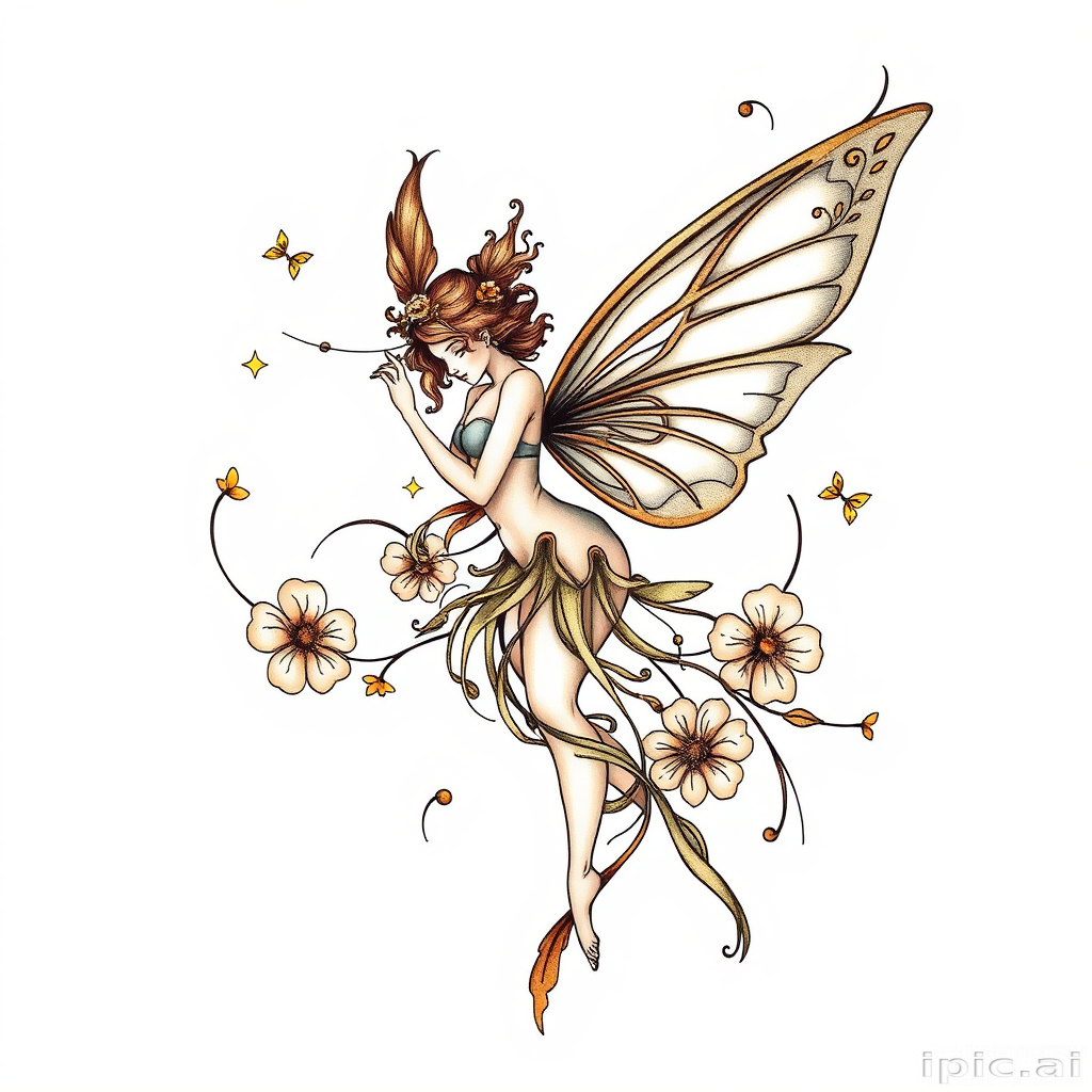 Art Nouveau-inspired fairy tattoo with flowing lines, organic shapes, and delicate wings, incorporating floral motifs and golden accents for a ethereal and elegant design