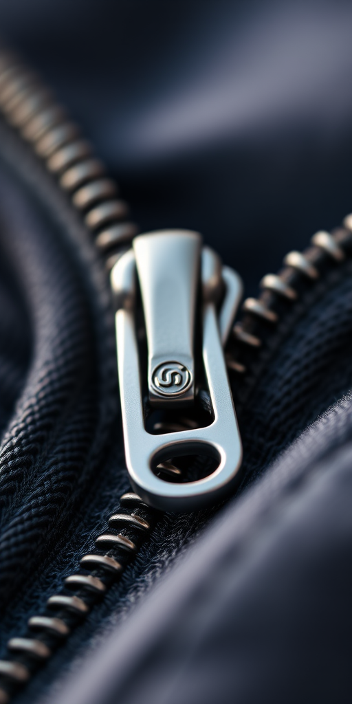 Close-up shot of a silver zipper pull tab with brand logo, using a Canon EOS R5, 50mm lens, aperture f/2.8, ISO 100, in natural lighting, with a shallow depth of field and macro photography style.
