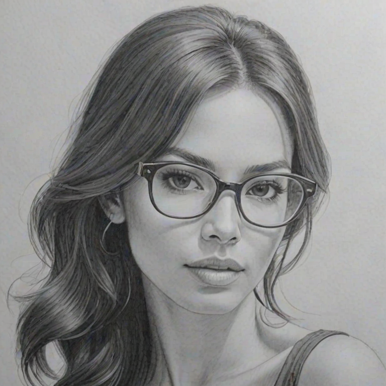 Superb Nadine Velazquez, pencil sketch, portrait of Alluring woman 1967s in glasses, hair style beatnik, outline, clear lines, fine lines, 8k