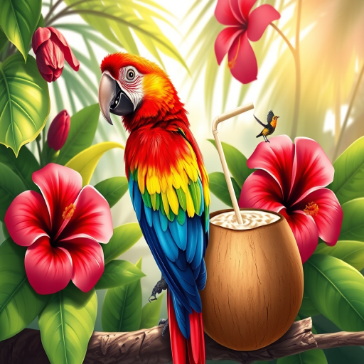Create a vibrant illustration of a colorful parrot perched on a branch next to a coconut drink with a straw, surrounded by lush tropical foliage including hibiscus flowers and green leaves, using a Canon EOS R camera, 50mm lens, f/1.8 aperture, ISO 100, 1/200 second shutter speed, bright natural lighting for enhanced color saturation and detail.