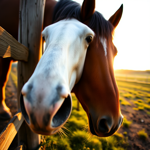 photograph a horse grazing near a wooden fence during golden hour with soft natural lighting, use a 50mm f/1.8 lens at f/2.8 for shallow depth of field, ISO 200, shutter speed 1/200, and capture from eye level to create an intimate perspective