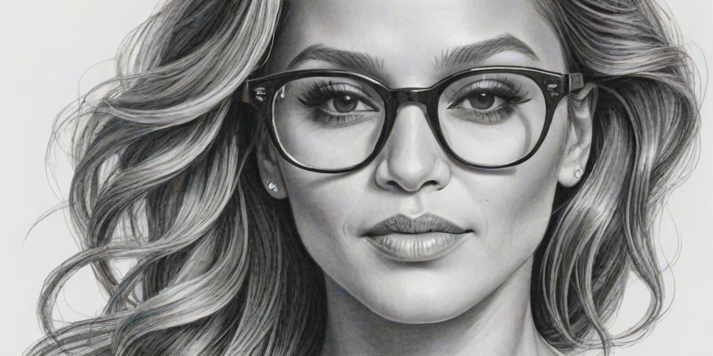 Enchanting Jennifer Lopez, pencil sketch, portrait of Bewitching woman 1942s in glasses, hair style beatnik, outline, clear lines, fine lines, 8k
