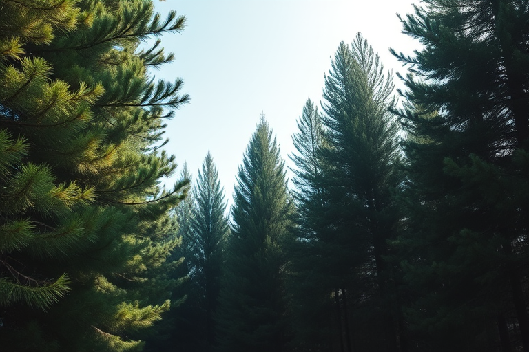 regenerate a dense forest of pine trees with lush green foliage under natural sunlight, using a DSLR camera, ISO 100, f/8 aperture, 24mm lens, with a slight angle view to capture depth and perspective
