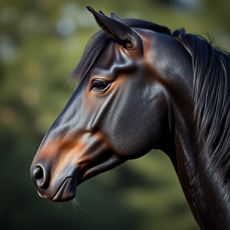 A close-up shot of a majestic black horse's profile, with a soft bokeh background, taken with a DSLR camera, f/2.8 aperture, 50mm lens, ISO 100, natural lighting, capturing the sheen of its coat and the details of its features.