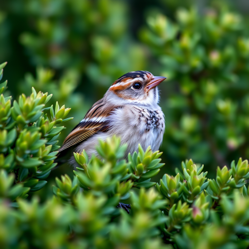 A detailed close-up of a sparrow perched among lush green shrubs, soft natural lighting, shallow depth of field, 85mm lens, f/2.8 aperture, ISO 200, captured with a full-frame DSLR camera at eye level.