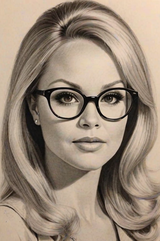 Stunning Charlene Tilton, pencil sketch, portrait of Charming woman 1964s in glasses, hair style beatnik, outline, clear lines, fine lines, 8k