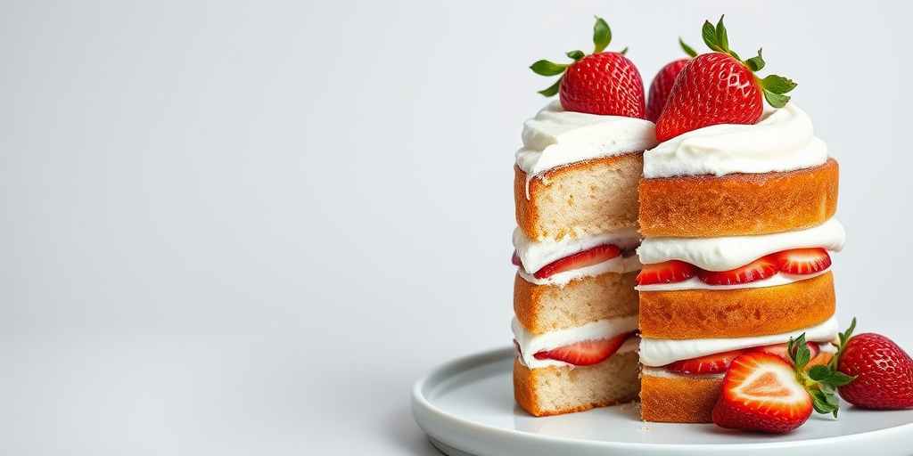 Create a photo of a layered cake with fresh strawberries on top and white frosting the cake is partially sliced revealing layers of strawberries and cream in between the cake layers the background is simple and neutral