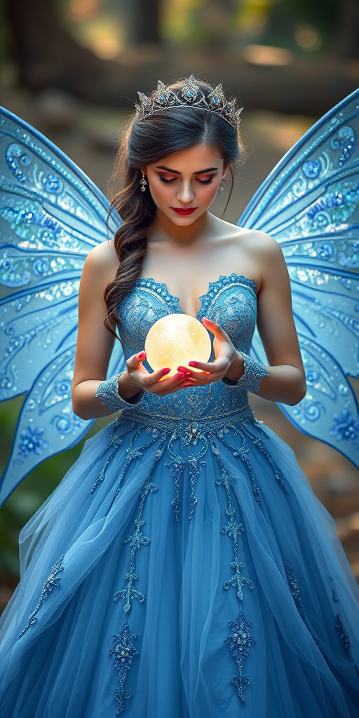 Create an enchanting image of a fairy princess with sparkling wings, wearing a stunning blue gown with intricate details, holding a glowing orb, shot with a Canon EOS R5 at f/1.8, ISO 100, 50mm lens, in soft natural lighting and a shallow depth of field to enhance the ethereal quality.