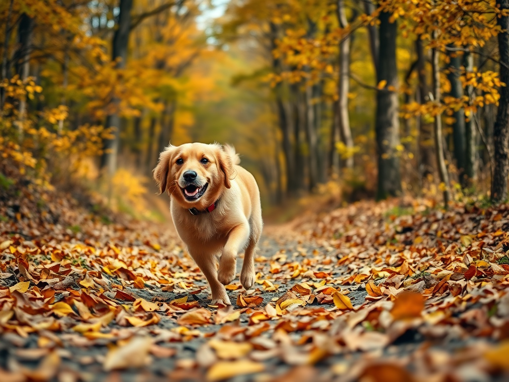 Golden retriever running along a leaf-covered path in a wooded area during autumn, low angle view, shot with a DSLR camera using a 50mm lens at f/1.8, ISO 200, shutter speed 1/500s, with soft natural lighting to enhance colors and depth.