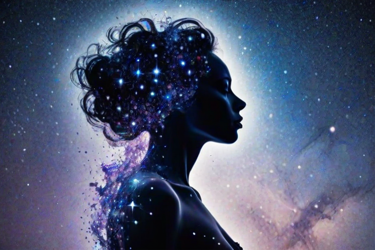 Captivating conceptual render alcohol ink art, double exposure, the paint strokes artfully merge combining a woman's full silhouette with a Sprightly serval's silhouette. The figures are composed of a series of colored dots, lines & spots that evoke the image of a cosmic galaxy, colors are deep shades of blue purple & black with flashes of white & silver representing distant stars. The woman's silhouette is formed within the lion's silhouette from constellations of scattered stars, surreal