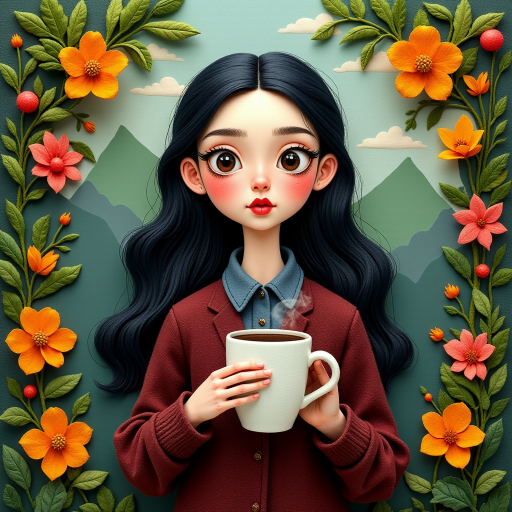 Wednesday Addams holding a steaming coffee mug, depicted in colorful felt textures. The artwork has a serene and tranquil atmosphere, emphasizing the beauty of nature, and evokes a nostalgic and whimsical feeling suitable for children's picture books, greeting cards, and home decor.