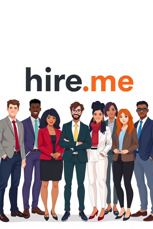 Create an illustration featuring a diverse group of professionals standing together with the text "hire me" prominently displayed behind them, using a wide-angle lens, f/8 aperture, ISO 200, shot from eye-level to capture details, in a digital art style with vibrant colors and sharp contrast.