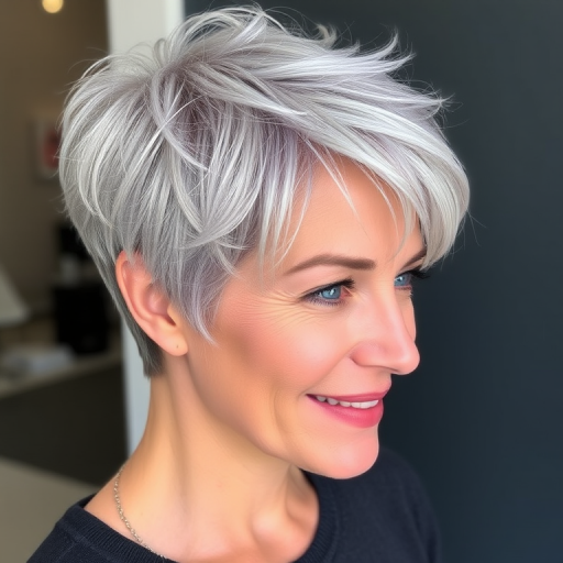 Elegant mature woman with a chic silver pixie cut, styled with textured layers and subtle lavender highlights for a youthful touch