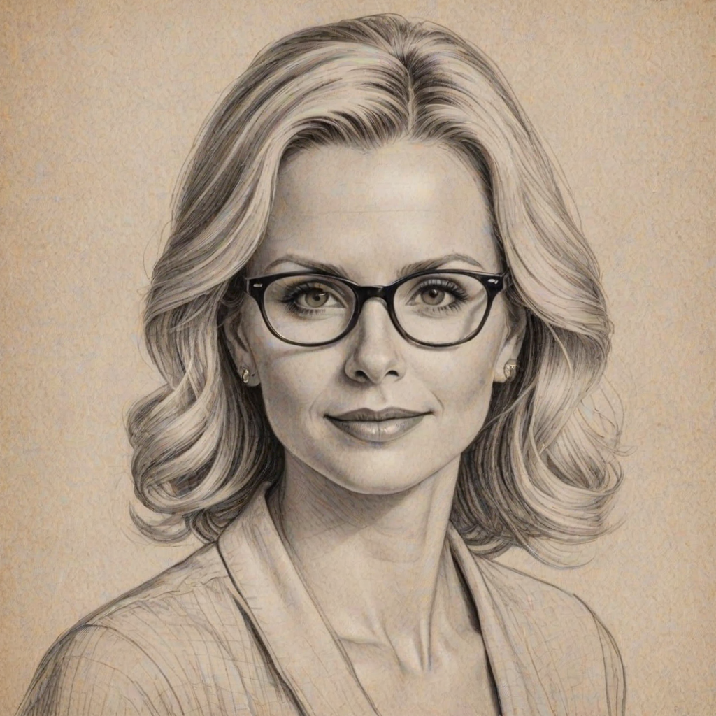 Charming Monica Potter, pencil sketch, portrait of Enticing woman 1943s in glasses, hair style beatnik, outline, clear lines, fine lines, 8k