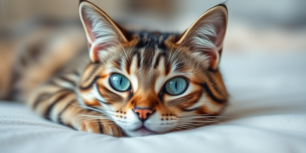 A close-up shot of a relaxed tabby cat lying on a soft, blurred background, using a Canon EOS R5 with a 50mm f/1.2 lens, aperture set to f/1.8, ISO 200, shooting in natural light to enhance the cat's vivid blue eyes and detailed fur texture.