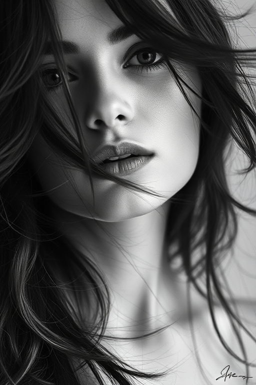 Create a highly detailed portrait of a woman with flowing hair, using soft charcoal sketch style and high contrast lighting, shot with a Canon EOS R5 at f/1.8, ISO 100, 50mm lens from a close-up perspective.