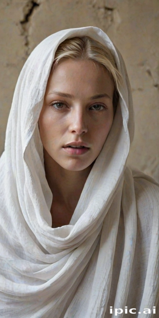 Create a close-up photographic image of the head and torso of a person with light skin tones shown against an old, worn wall. Their head is wrapped in a white cloth covering (i.e.... parts of the head except the nose and mouth, which are open as if they are screaming...), with a slight texture and visible folds in the fabric. Thin strands of blonde hair escape from the wrapping above, falling lightly at the top and sides. Their hands hold the fabric as if they are tugging nervously. The lighting is dramatic and even, casting strong shadows. The image has a minimalist and surreal style with an emphasis on simplicity with soft color tones. The composition is centered.