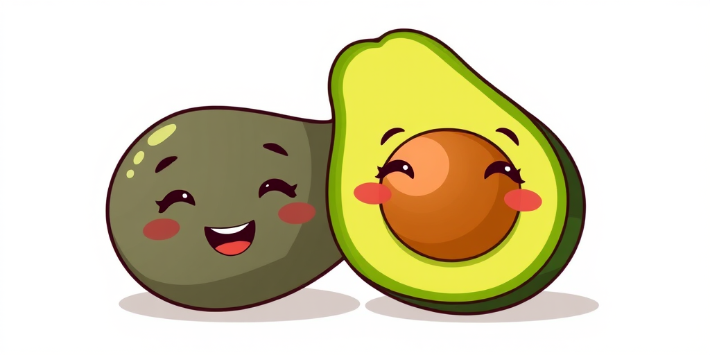 Generate a cheerful cartoon illustration of a whole avocado and a halved avocado with smiling faces, soft pastel background, use a 50mm lens with f/2.8 aperture, shot in natural light, digital art style.