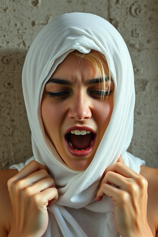 Create a close-up photographic image of a Armenian woman with light skin tones shown against an old, worn wall. Their head is wrapped in a white cloth covering (i.e.... parts of the head except the nose and mouth, which are open as if they are screaming...), with a slight texture and visible folds in the fabric. Thin strands of blonde hair escape from the wrapping above, falling lightly at the top and sides. Their hands hold the fabric as if they are tugging nervously. The lighting is dramatic and even, casting strong shadows. The image has a minimalist and surreal style with an emphasis on simplicity with soft color tones. The composition is centered.