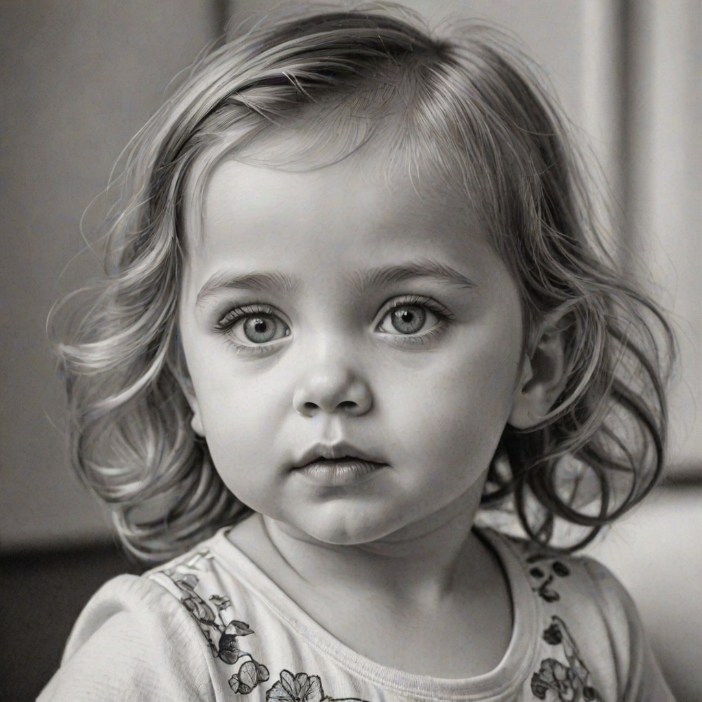 A hyperdetailed photorealistic black and white sketch of a beautiful toddler with deep green eyes, with a macro focus