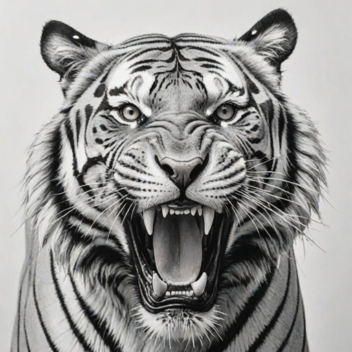 Abstract black and white acrylic portrait of an over exaggerated laughing (tiger). Minimalism style. White background.