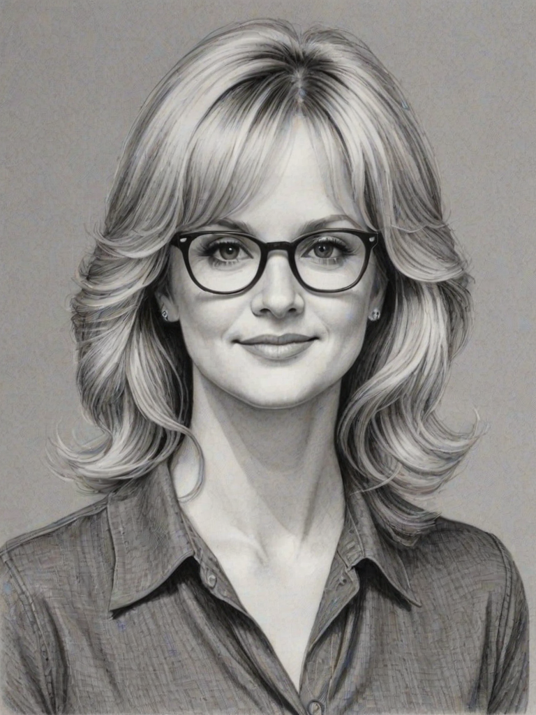 Captivating Bonnie Hunt, pencil sketch, portrait of Fascinating woman 1974s in glasses, hair style beatnik, outline, clear lines, fine lines, 8k