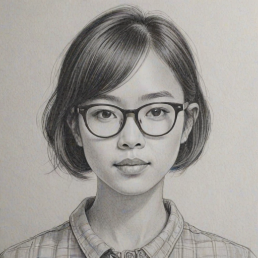 Superb Charlyne Yi, pencil sketch, portrait of Gorgeous woman 1960s in glasses, hair style beatnik, outline, clear lines, fine lines, 8k
