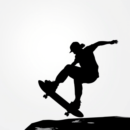 Generate a high-quality illustration of a minimalistic black silhouette of a skateboarder mid-action with smooth lines and dynamic pose, DSLR camera settings: f/2.8 aperture, ISO 100, 1/500 shutter speed, shot from a low-angle view to emphasize movement, using a Canon EOS 5D Mark IV with a 50mm lens.