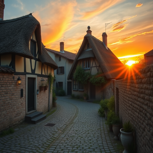 create a picturesque sunset scene in a medieval village with cobblestone paths and quaint thatched-roof houses, showcasing warm orange and golden hues in the sky, captured with a Canon EOS R5, 24mm f/1.4 lens, aperture at f/8, soft focus, HDR style, high-resolution photography