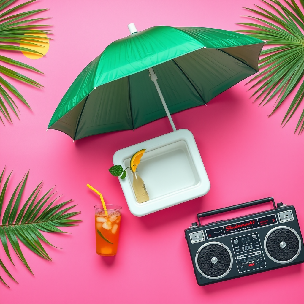Create a vibrant flat lay image featuring a green umbrella, a cooler, a drink with a straw, and a retro boombox against a pink background with a yellow sun, using a DSLR camera, 50mm lens, f/2.8 aperture, ISO 100, shooting from a top-down view for enhanced clarity and detail.