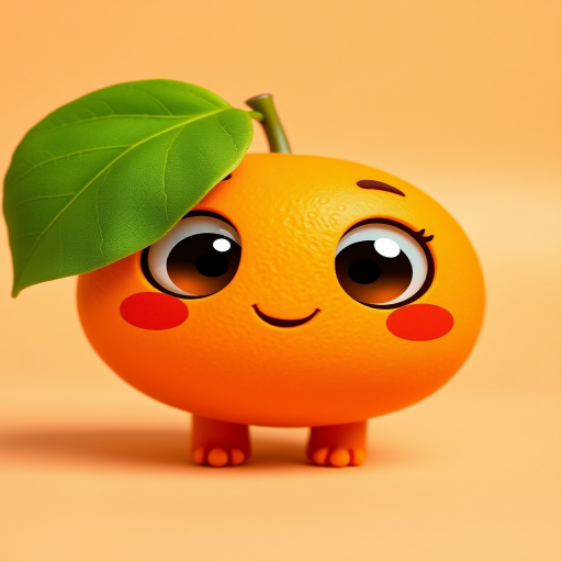 Create a cute cartoon orange character with big expressive eyes and a green leaf on a light peach background, using a Canon EOS R5 camera with a 50mm f/1.2 lens, at ISO 100, f/2.8, and 1/200 sec shutter speed for vibrant colors and sharp details.