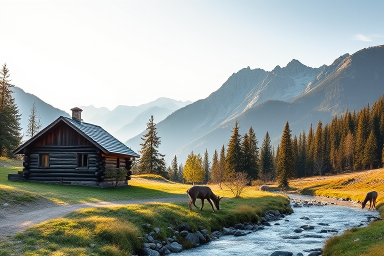 Generate a high-resolution image of a serene mountain landscape featuring a rustic log cabin, a deer grazing near a clear stream, and majestic mountains in the background, with soft morning light illuminating the scene, using a DSLR camera with a 24mm lens, f/8 aperture, ISO 100, and a slight tilt-shift effect for depth.