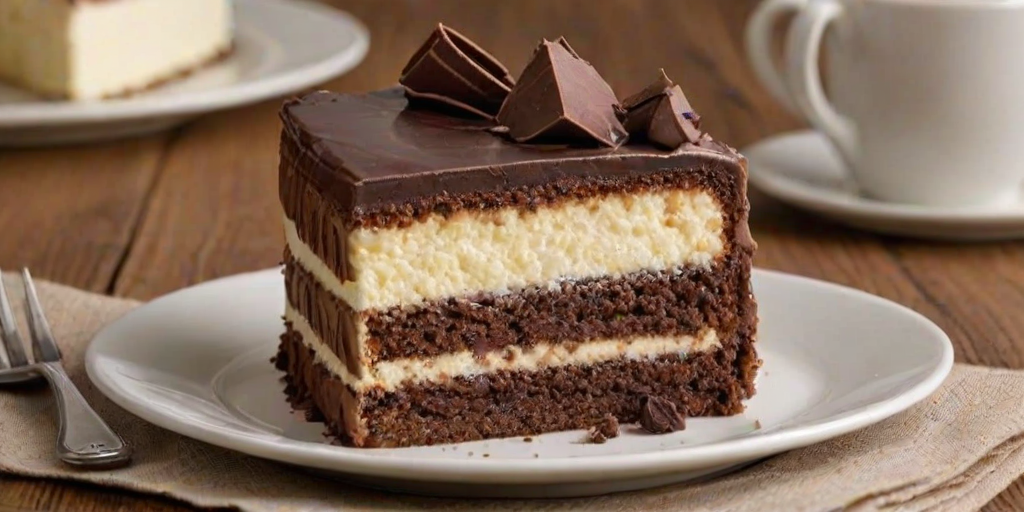 Generate an image of a slice of cake that is half vanilla and half chocolate. The cake should be displayed on a simple white plate, and the background should be a wooden table. The texture of the cake should be visible, showcasing the fluffy vanilla and dense chocolate layers.