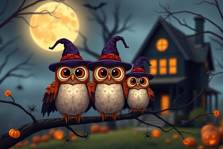 Create a whimsical Halloween scene featuring three cartoonish owls wearing witches' hats perched on a branch with spider decorations, a spooky haunted house in the blurred background, full moon illuminating the sky, shot with a DSLR camera at f/2.8 aperture, ISO 200, 50mm lens, with a shallow depth of field for a dreamy effect.