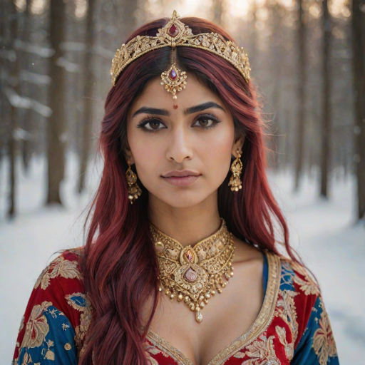 mia khalifa with long, flowing red hair, wearing a traditional, ornate red and blue costume with gold accents and intricate embroidery, stands facing the viewer in a close-up portrait. Her hair is styled in a high ponytail and adorned with a pair of golden, winged hairpieces. She wears gold earrings and her makeup is accented with light pink blush and a bright red lip. She has a soft and slightly melancholic expression, with her eyes looking directly at the camera. The background is a blurred, out-of-focus snowy landscape, with the woman in the foreground. The lighting is soft and natural, creating a warm, intimate atmosphere. The image is composed using a shallow depth of field, with the woman as the main focal point. The overall style is elegant, delicate, and fairytale-like.