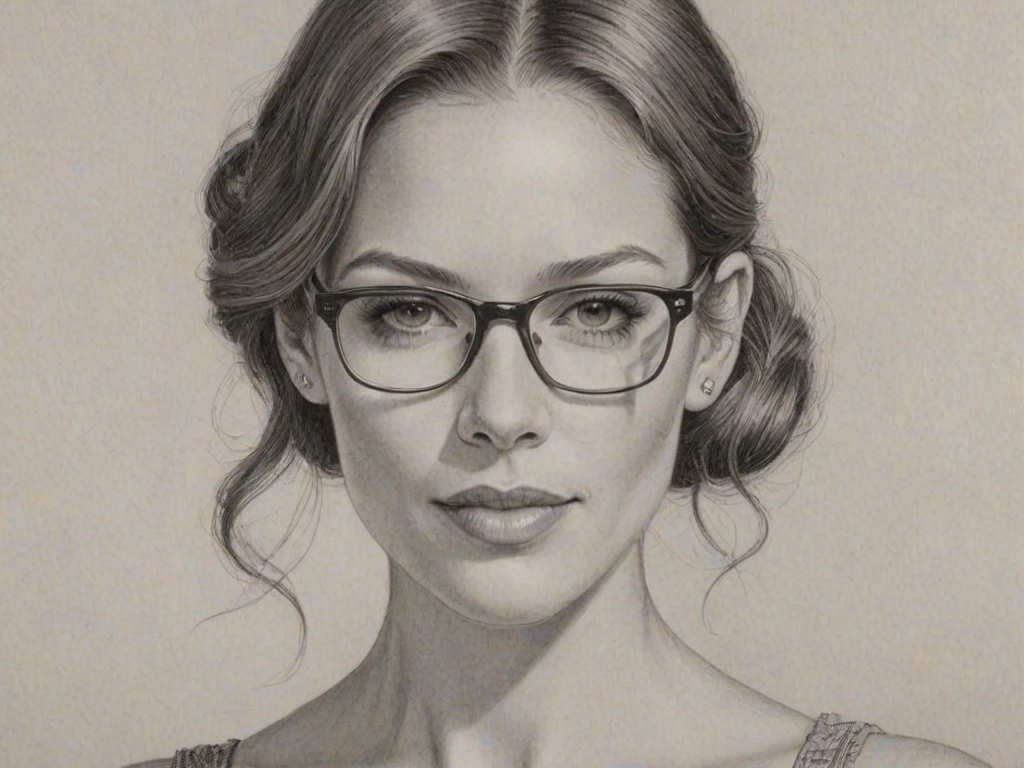 Stunning Amanda Righetti, pencil sketch, portrait of Resplendent woman 1932s in glasses, hair style beatnik, outline, clear lines, fine lines, 8k