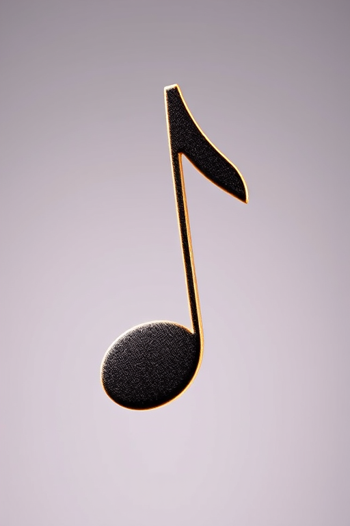 Create a high-resolution illustration of a musical note on a plain background, using a DSLR camera with a 50mm lens, aperture set to f/1.8 for blurred background, ISO 100 for clarity, and a soft diffused lighting setup to highlight the note's curves and contours.