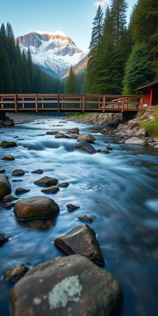 a serene river scene with a wooden bridge over a gently flowing stream, surrounded by lush greenery and snow-capped mountains in the background, captured in early morning light with a Canon EOS R5, 24mm lens, f/11 aperture, ISO 100, using a slow shutter speed to create smooth water motion, shot from a low angle perspective to emphasize foreground elements