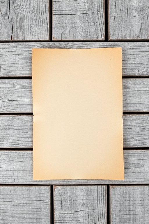 Create an image of a blank piece of aged paper resting on weathered wooden planks, shot with a DSLR camera at f/4.0 aperture, ISO 100, 50mm lens, with natural lighting and a slight overhead angle to emphasize texture and detail.