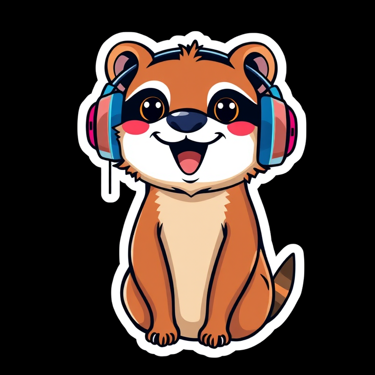 this photo is sticker, Happy Colorful Mongoose wearing Headphones, kawaii, contour, vector, black background