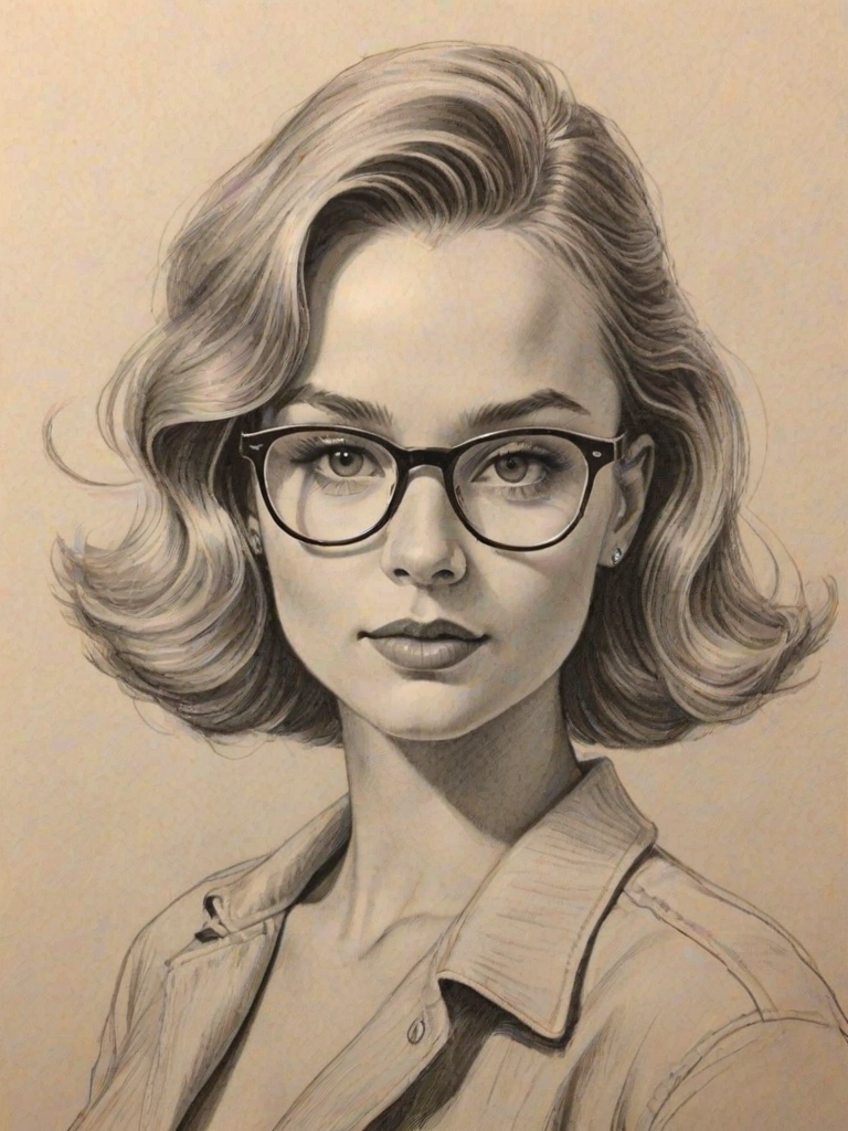 Delightful Madison Iseman, pencil sketch, portrait of Bewitching woman 1947s in glasses, hair style beatnik, outline, clear lines, fine lines, 8k