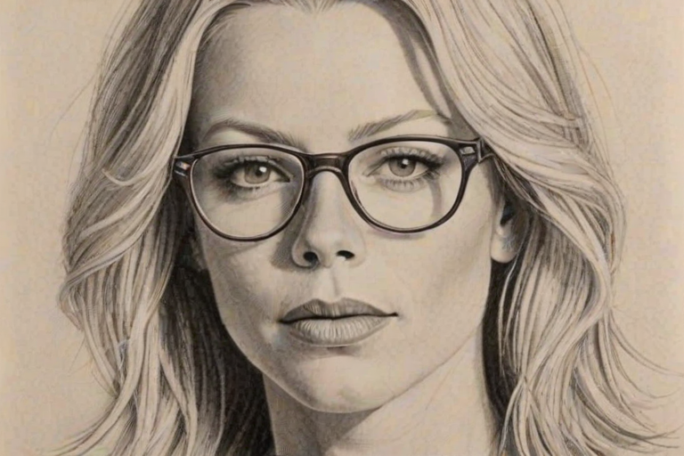 Dazzling Peta Wilson, pencil sketch, portrait of Sublime woman 1924s in glasses, hair style beatnik, outline, clear lines, fine lines, 8k